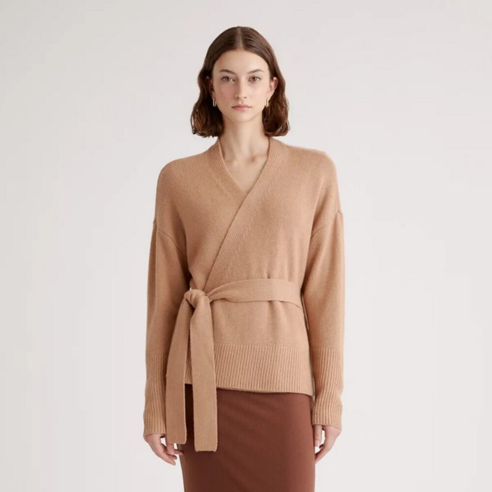 Quince Mongolian Cashmere Wrap Sweater in camel size small